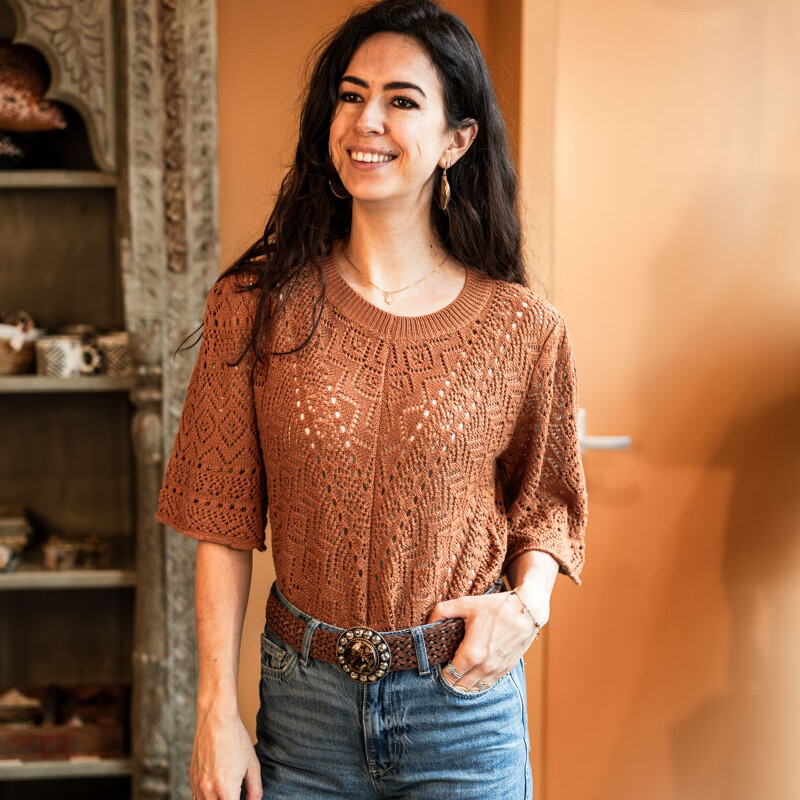 opengewerkte katoenen trui oranjebruin