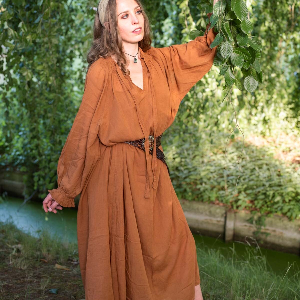 Bohemian jurk van katoen in oranjebruin met onderjurk – Noa, one size