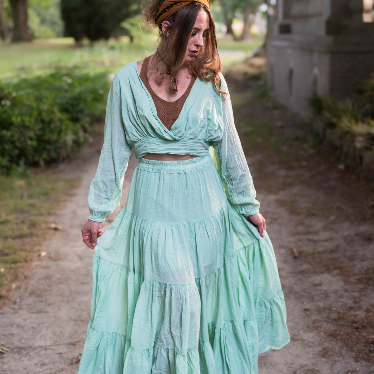 Lange bohemian strokenrok van katoen in mintgroen – Malva van Garçonne