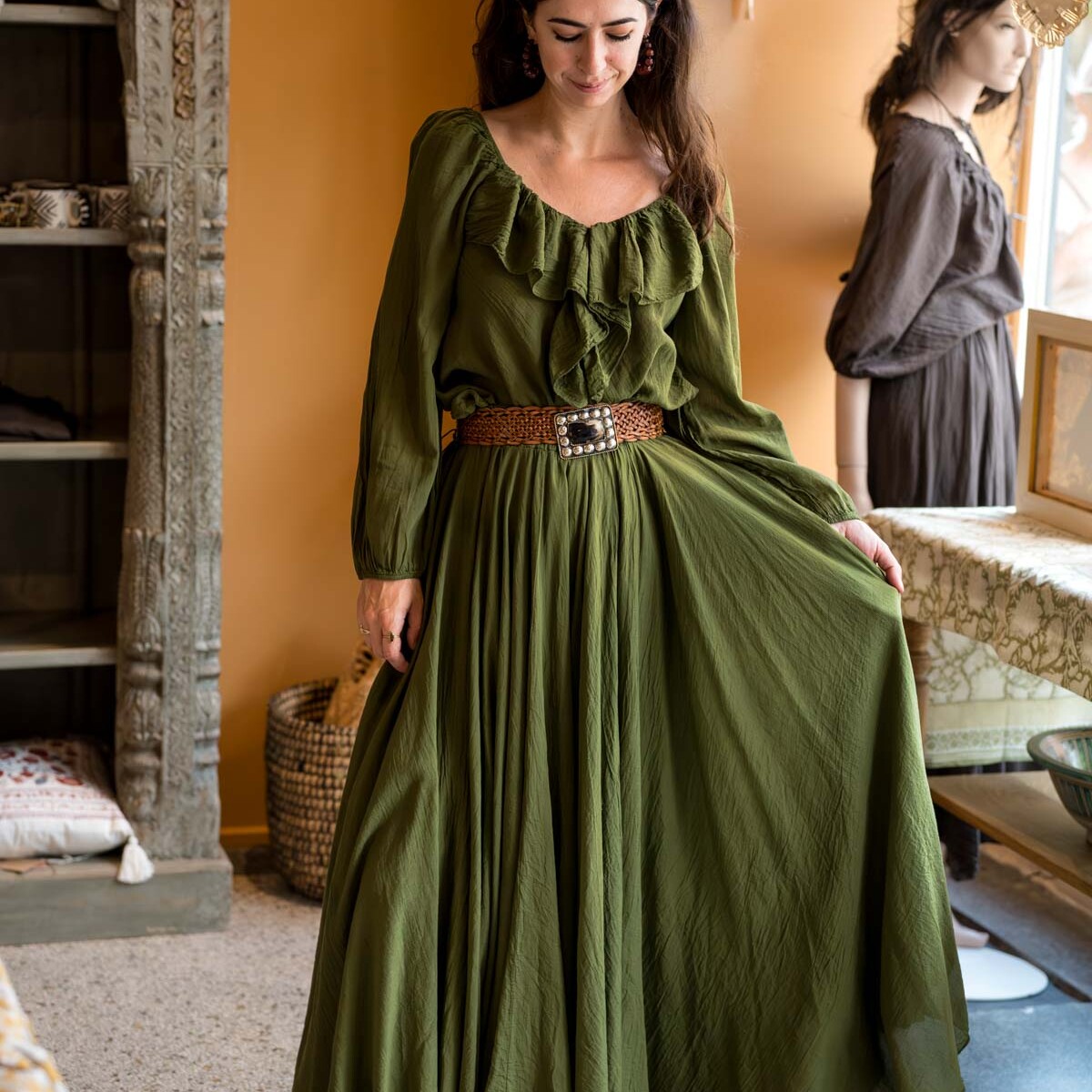 Groene lange boho rok ‘Liora’ – voorkant