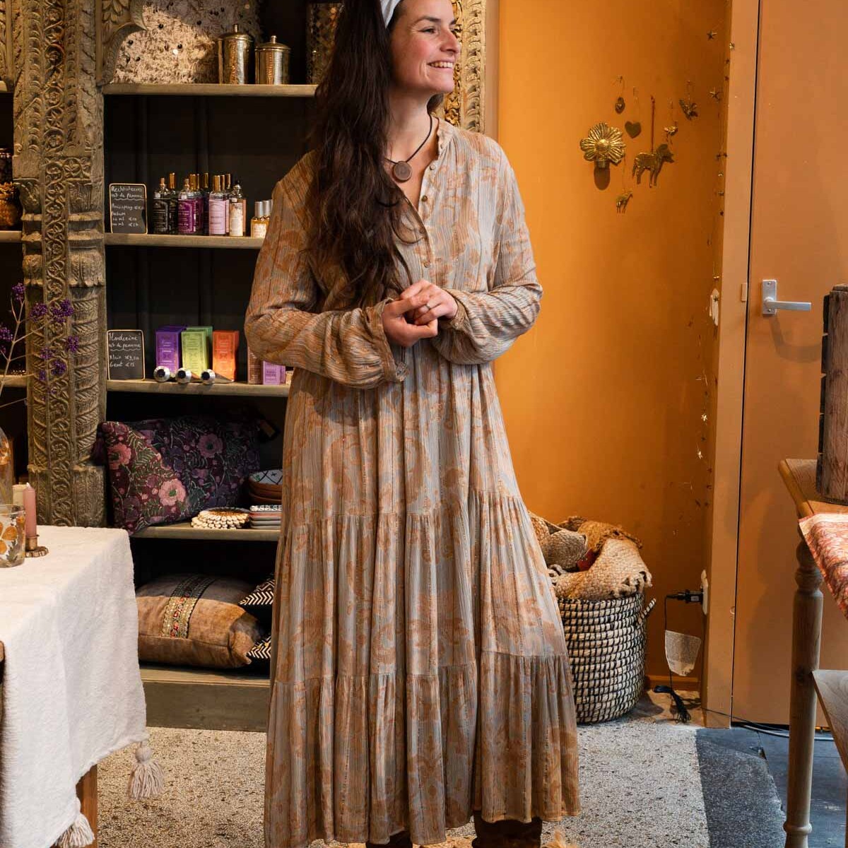 Lange boho jurk Selene met lurex – voorkant