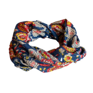 Boho blockprint haarband ‘Varja’ blauw rood geel crème – voorkant