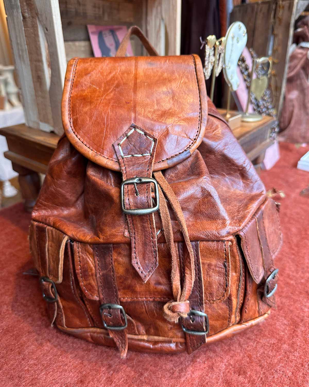 Bruine leren rugzak Marona – voorkant met drie vakken