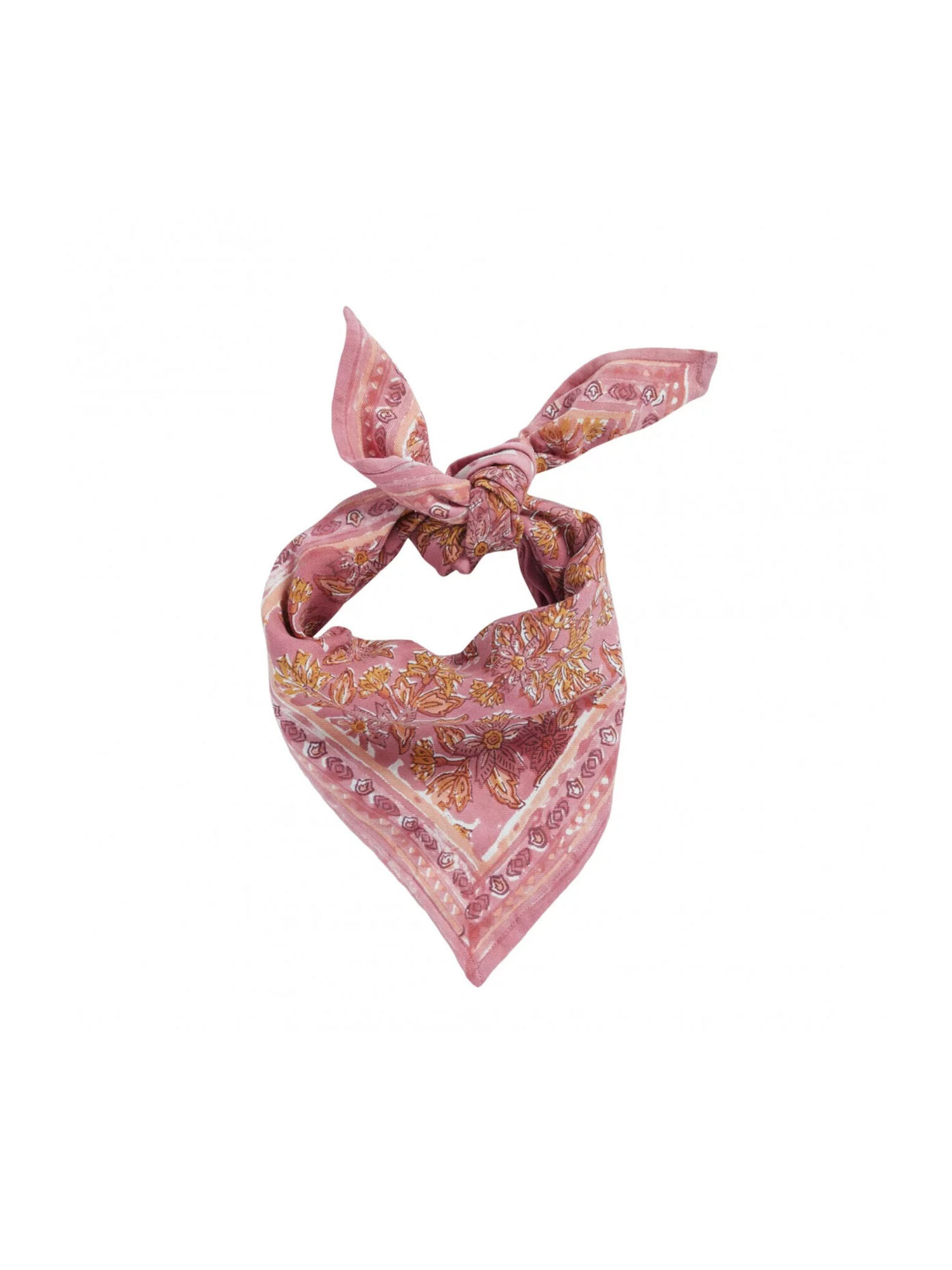 Sjaal Marjolein – detail Indiase bloemenprint roze & currygeel