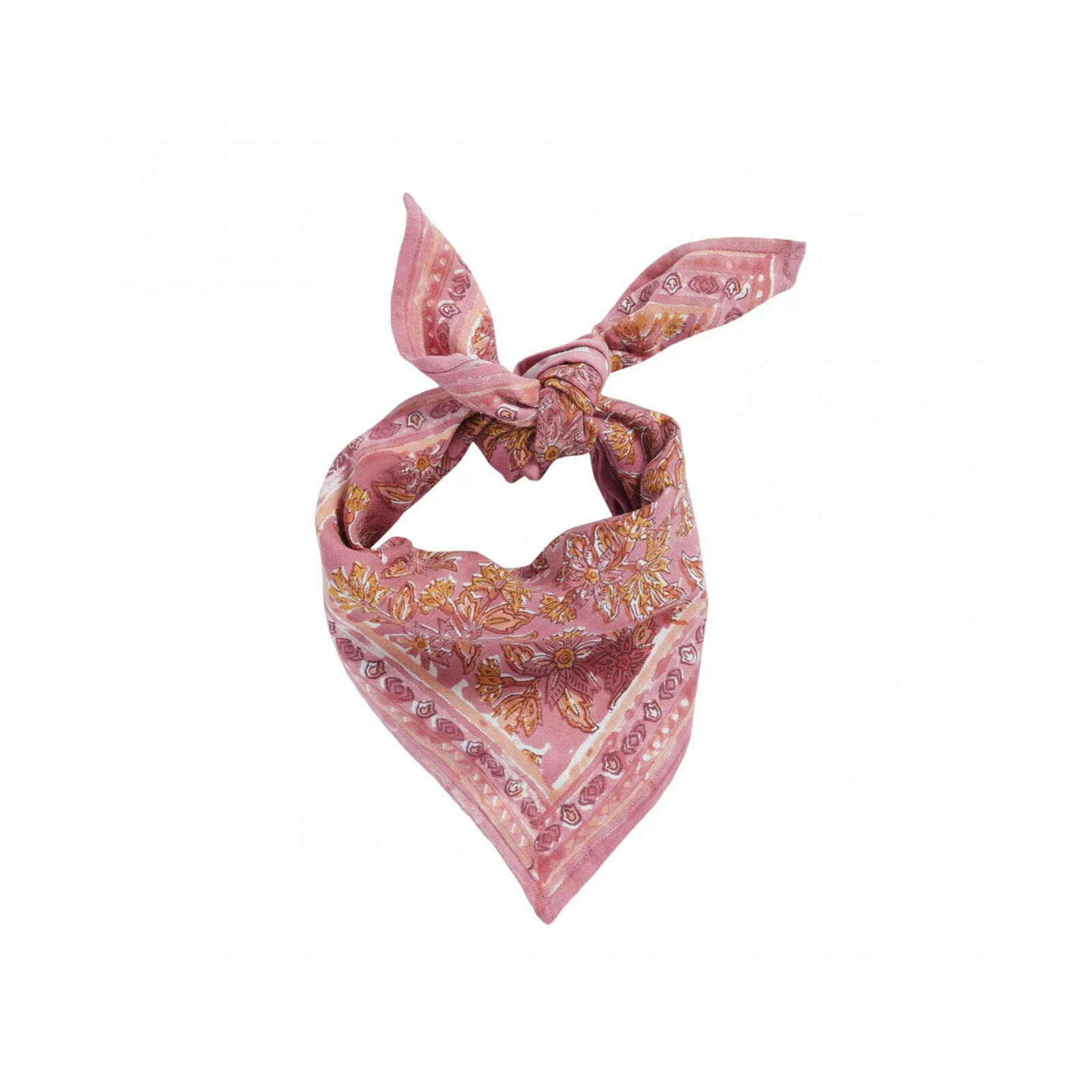 Sjaal Marjolein – detail Indiase bloemenprint roze & currygeel
